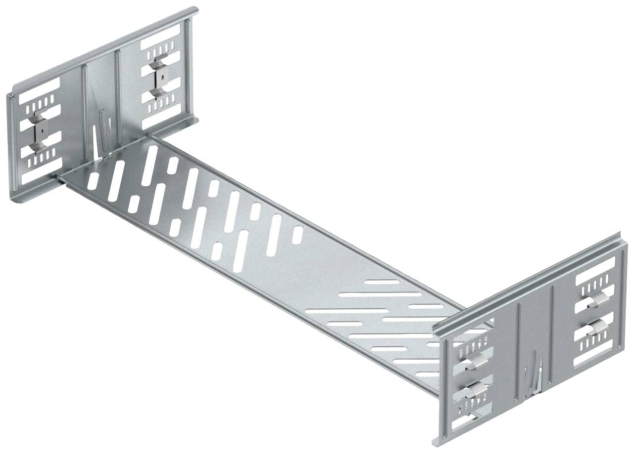 Metallschiene mit perforiertem Design, an beiden Enden mit Befestigungen versehen, geeignet zur Montage oder Unterstützung von Kabeln oder Rohren.