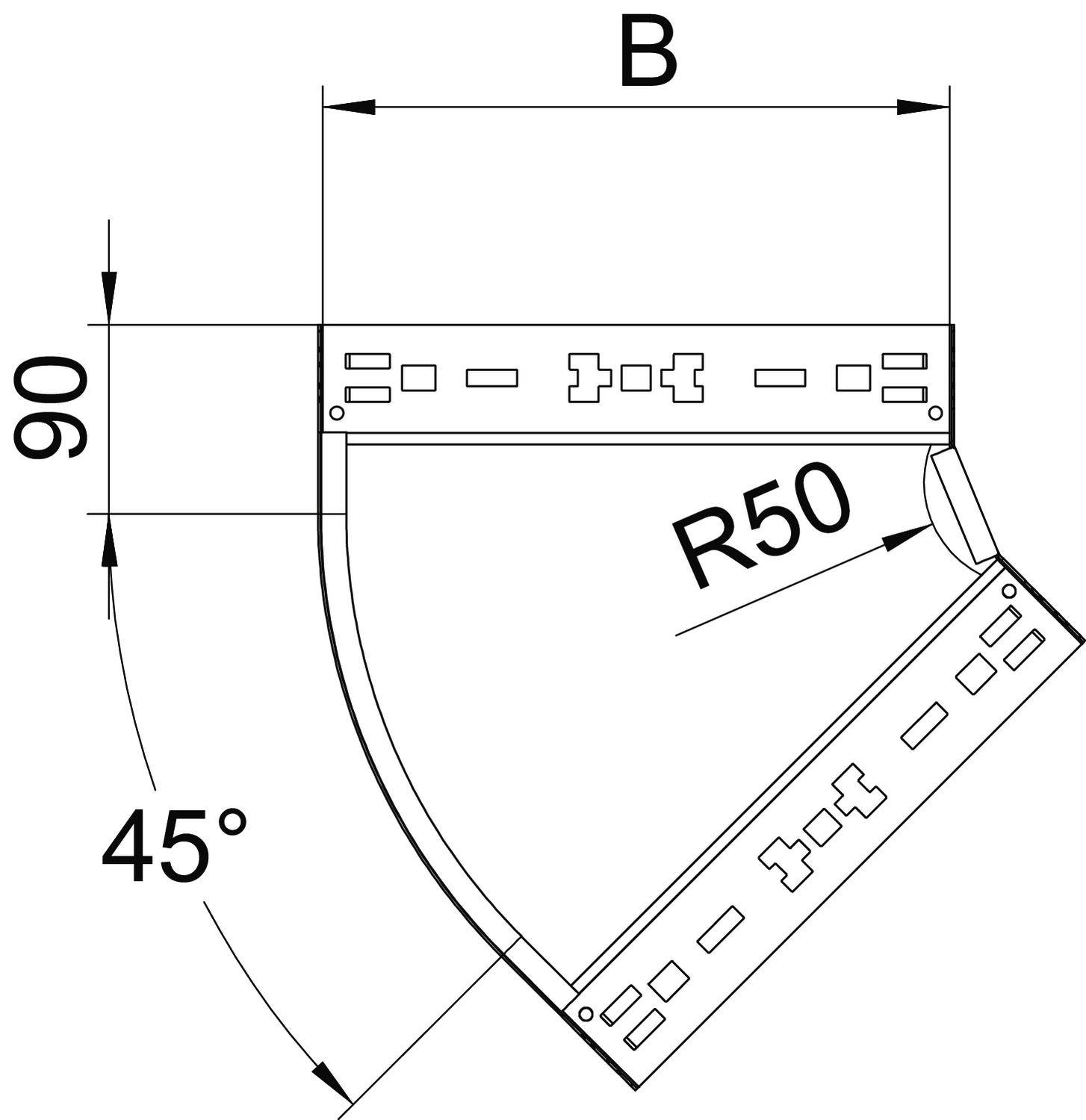 Technische Zeichnung eines Bauteils zeigt einen Winkel von 45 Grad, Radius R50, Höhe 90 mm und Breite 'B'.