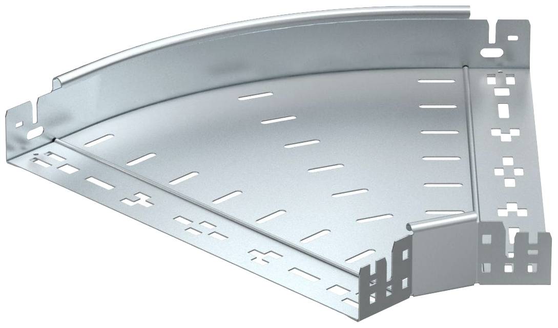 Metallisches Eckstück einer Kabelrinne mit belüftetem Boden, zur Installation von Kabeltrassen in Gebäuden.