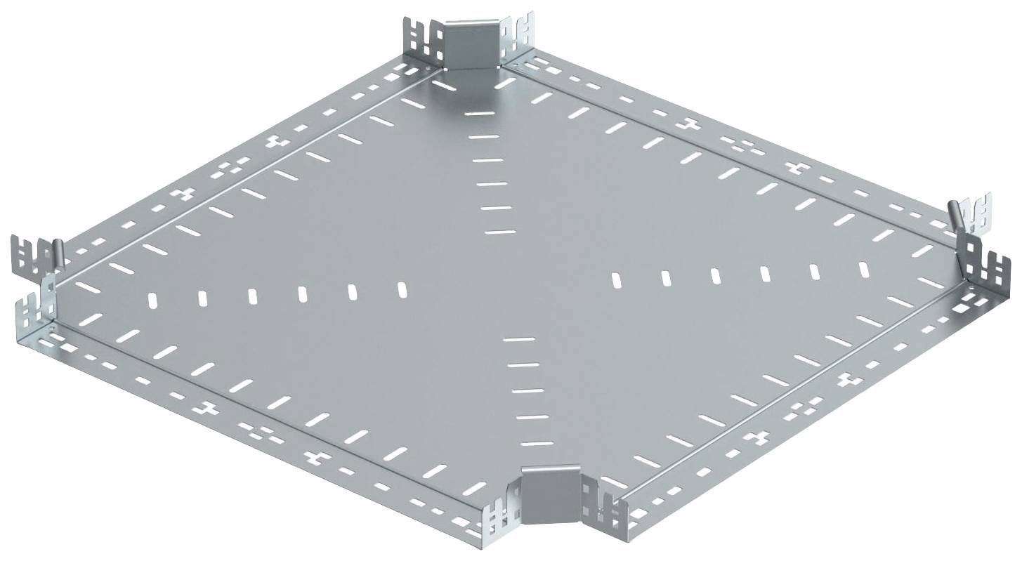 Ein verzinktes Stahlverbindungsstück für Kabelrinnen, symmetrisch, im 45-Grad-Winkel gekrümmt, mit seitlichen Befestigungslaschen.