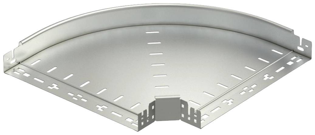 Ein silbernes Kabelkanalstück in 90-Grad-Biegung, speziell geformt mit Aussparungen und Halterungen, zur Führung von Kabeln.