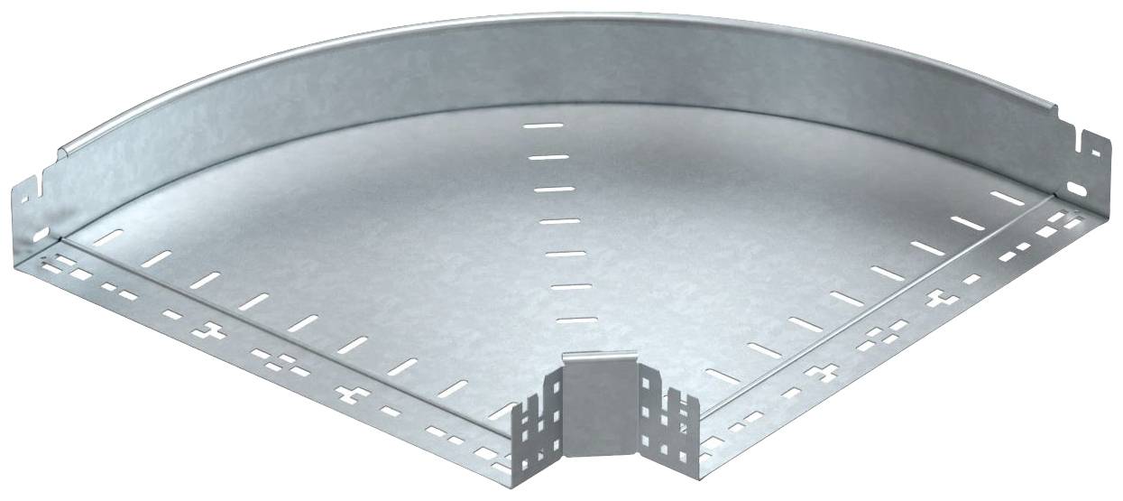 Ein verzinktes 90-Grad-Kabelkanal-Eckbauteil aus Metall, zeigt die Struktur und anpassbare Optionen für Kabelverwaltungssysteme.