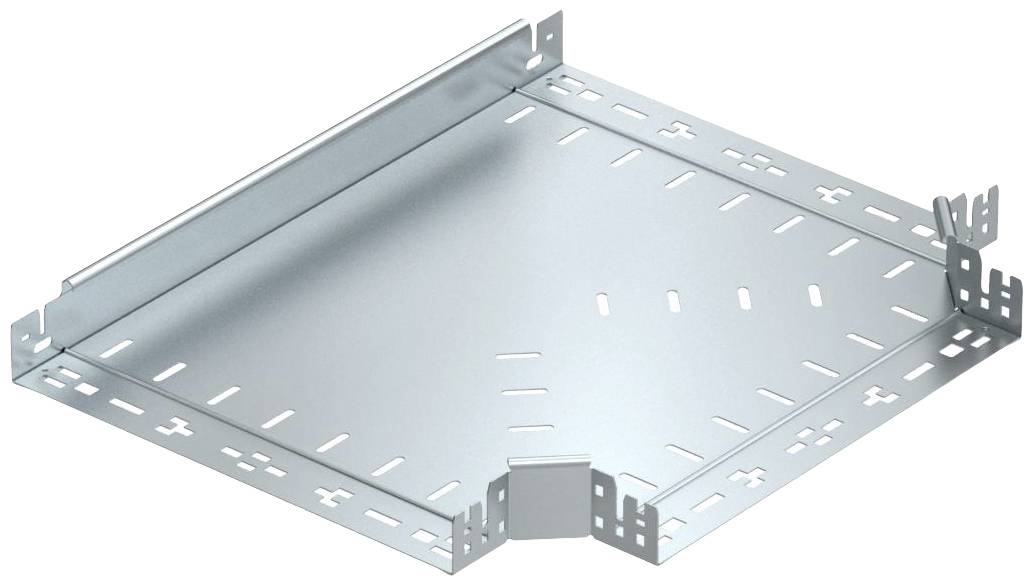 Ein verzinktes T-Stück aus Metall, das zur Verbindung von Kabeltrassen in einem Winkel von 90 Grad dient, mit Löchern zur Befestigung.