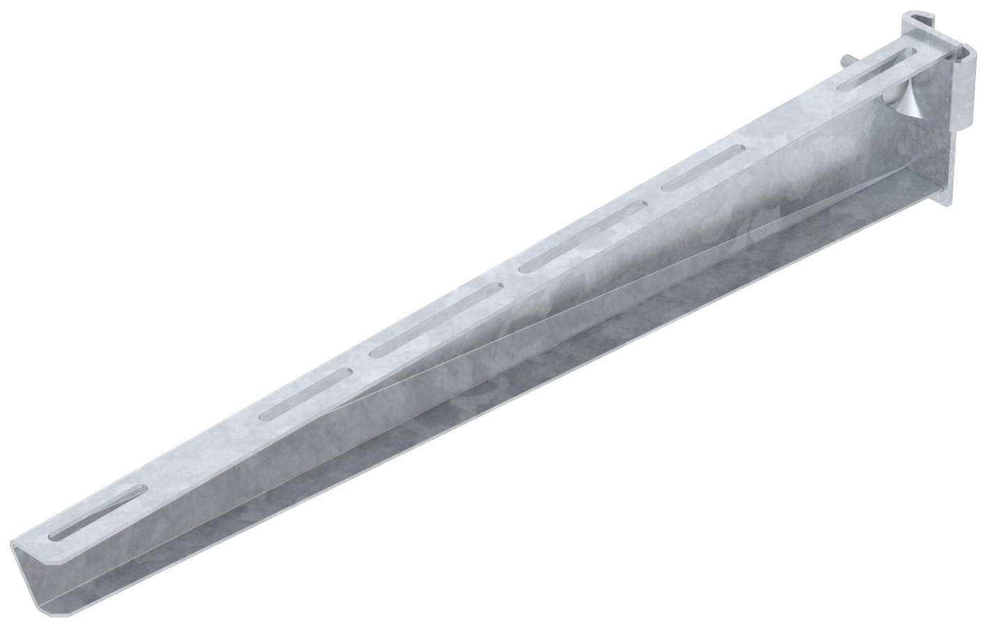 Ein verzinkter Konsolenträger aus Metall mit mehreren rechteckigen Aussparungen entlang der Länge, auf weißem Hintergrund.