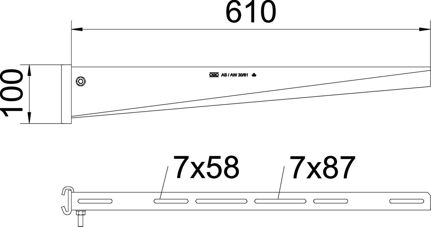 Abmessungen eines Metallträgers: Länge 610 mm, Höhe 100 mm. Zwei Reihen mit sieben Schlitzen: 58 mm und 87 mm länger.