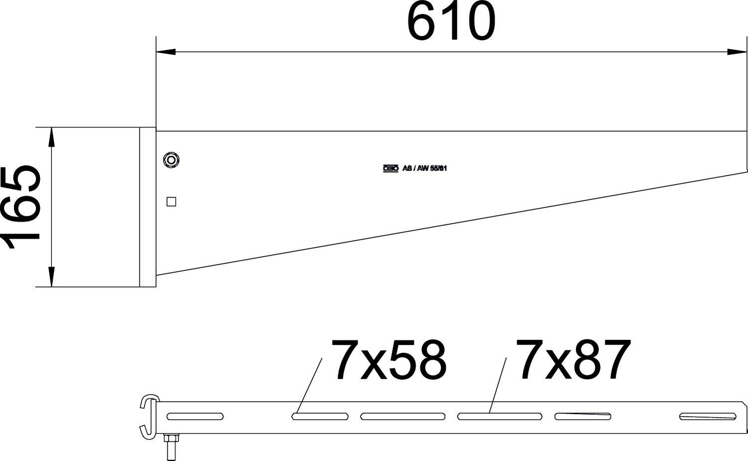 Technische Zeichnung eines Wandträgers mit den Maßen 610 mm Länge und 165 mm Höhe. Löcher zur Befestigung sind markiert mit '7x58' und '7x87'.