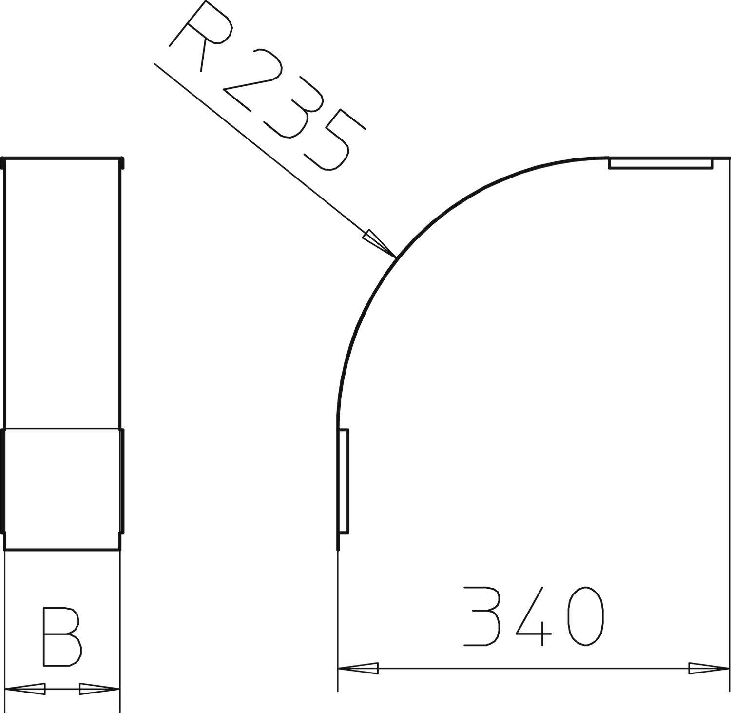Technische Zeichnung: Seitenansicht und halbkreisförmige Ansicht eines Objekts. Maße: Radius 235, Breite B, Länge 340.