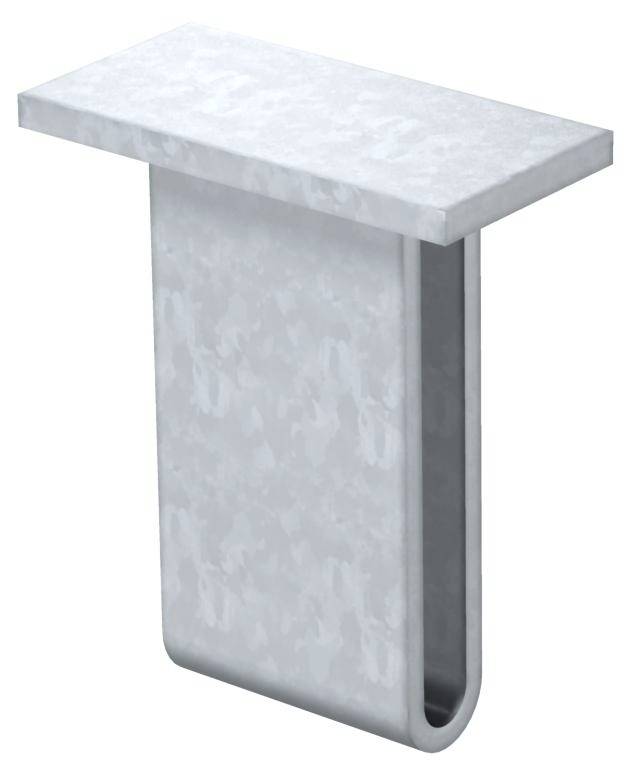 Eine rechteckige Metallhalterung mit einem hakenförmigen unteren Teil, geeignet für Montagezwecke.