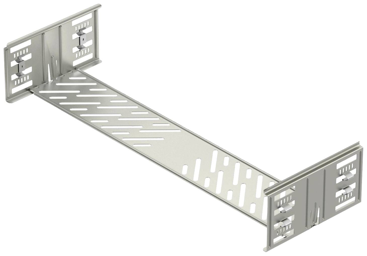 Metall-Verriegelungselement, rechteckige Form, mit perforierter Oberfläche und seitlichen Halterungen. Verwendet zur Montage oder Befestigung.