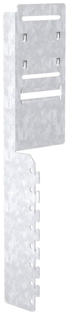 Metallwinkelverbinder mit mehreren Befestigungslöchern und Schlitzen, geeignet für stabile Konstruktionen im Möbelbau oder Baugewerbe.