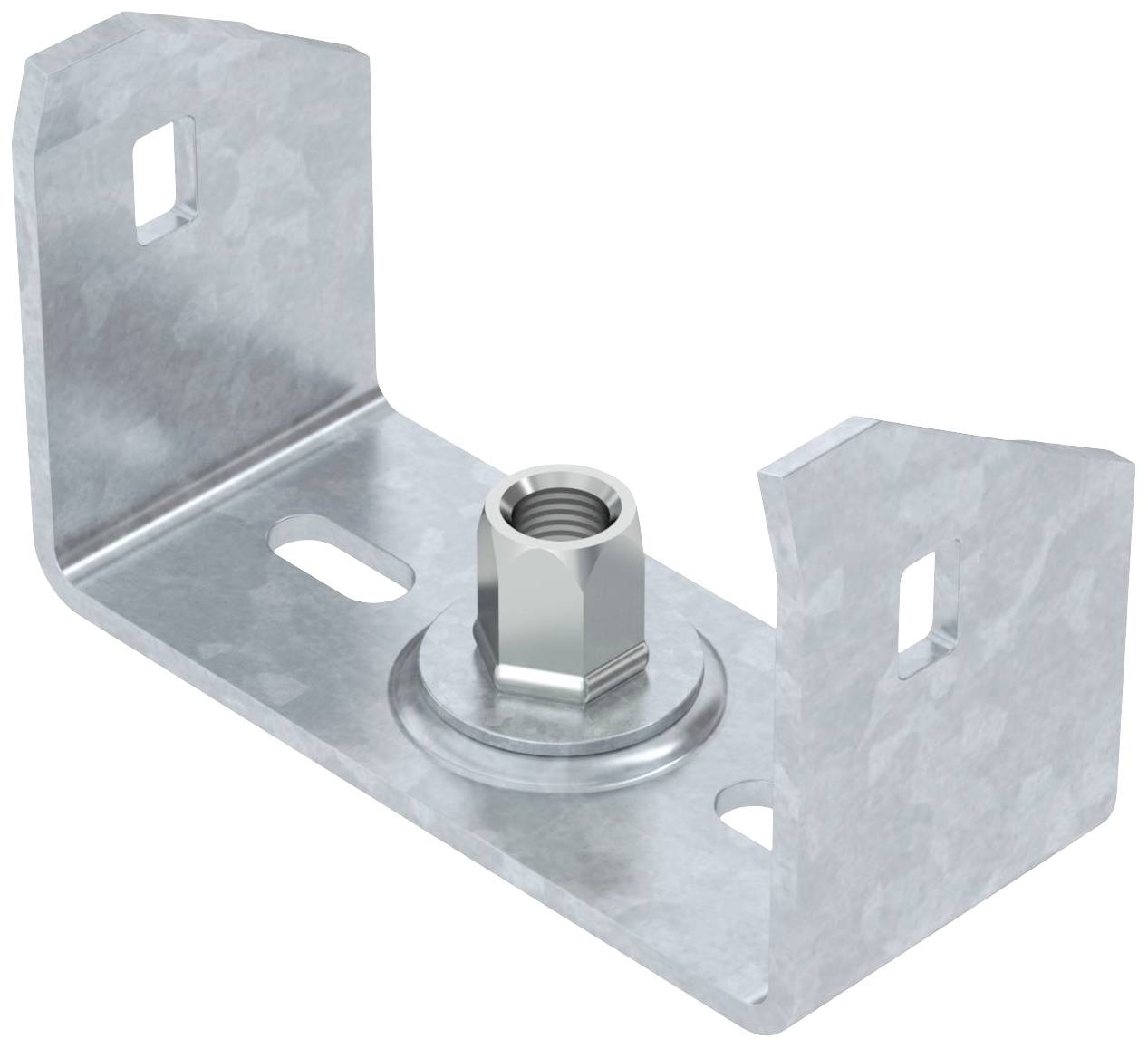 Metallwinkel mit integrierter Mutter auf flacher Basis, geeignet für Montagezwecke in Bauprojekten.