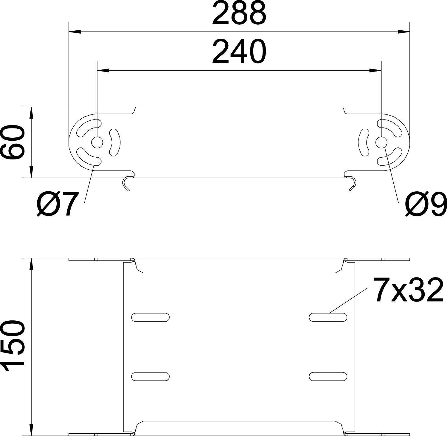 Technische Zeichnung eines rechteckigen Bauteils mit Maßen: Länge 288 mm, Breite 60 mm, Höhe 150 mm. Lochdurchmesser Ø7 und Ø9 mm.