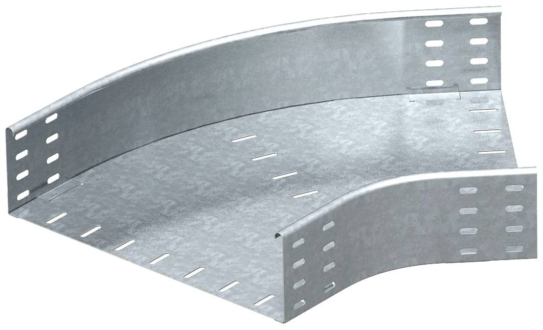 Ein verzinktes Kabelkanal-Bogenstück aus Metall mit mehreren rechteckigen Löchern entlang der Seiten zur Kabelbefestigung.