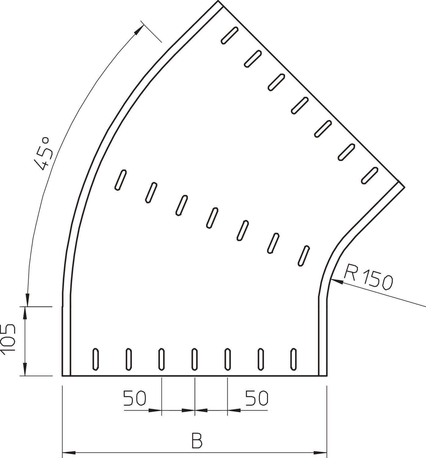 Technische Zeichnung eines Rohres mit einem 45-Grad-Bogen. Maße: B = 100 mm, Innenradius R = 150 mm, Höhe = 105 mm.