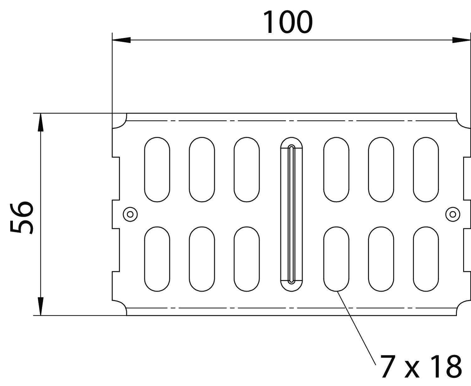 Technische Zeichnung einer rechteckigen Platte, 100 mm x 56 mm, mit mehreren abgerundeten Schlitzen (7 x 18 mm).