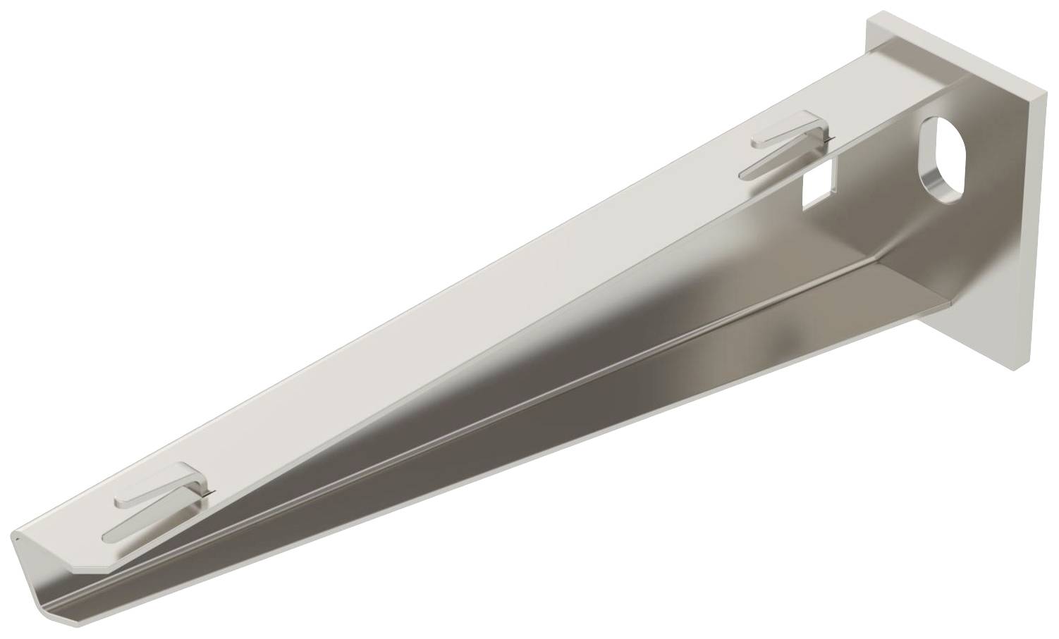 Ein metallischer Regalträger mit zwei Haken an der Oberseite und einem rechteckigen Anschluss für die Wandmontage.