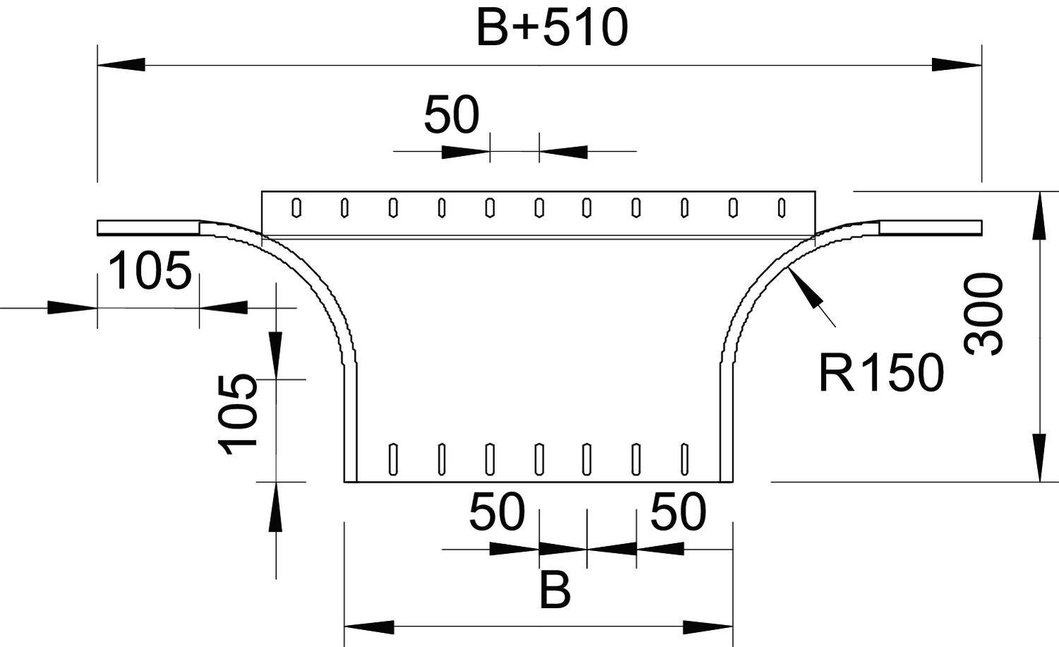 Technische Zeichnung eines Rohrabschnitts: Breite 'B' plus 510, Höhe 300, Bogenradius R150, vertikale und horizontale Abstände 50, Höhe der Endteile 105.