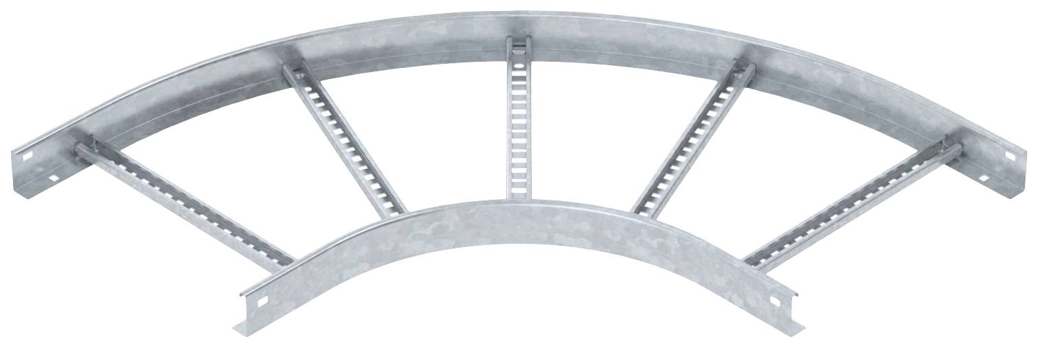 Gewölbte Metall-Kabelrinne mit halbkreisförmiger Struktur und mehreren Querstreben zur Unterstützung von Kabeln in Biegesituationen.