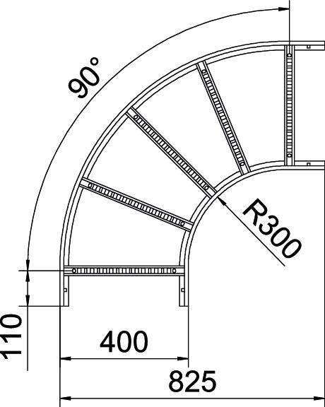 Technische Zeichnung eines 90-Grad-Bogens mit Radius R300. Maße: 110 mm Höhe, 400 mm Breite, Gesamtlänge 825 mm.