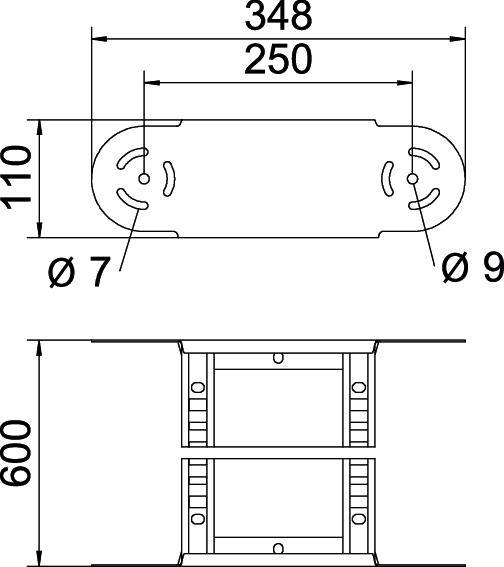 Technische Zeichnung einer Metallplatte mit Bohrungen und Maßen: 348 mm Gesamtlänge, 250 mm Innenlänge, 110 mm Breite, Höhe 600 mm.