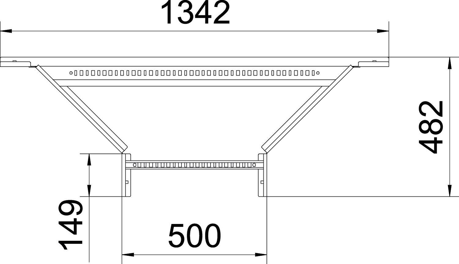 Technische Zeichnung eines Bauteils mit Maßen: Breite 1342 mm, Höhe 482 mm, andere Maße 149 mm und 500 mm, zeigt Querschnitt.