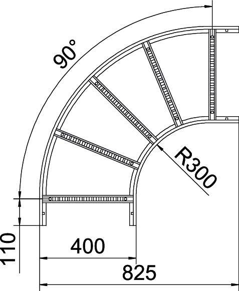 Technische Zeichnung eines 90° Bogens mit einem Radius von 300 mm, mit Bemaßungen: 110 mm, 400 mm, und 825 mm.
