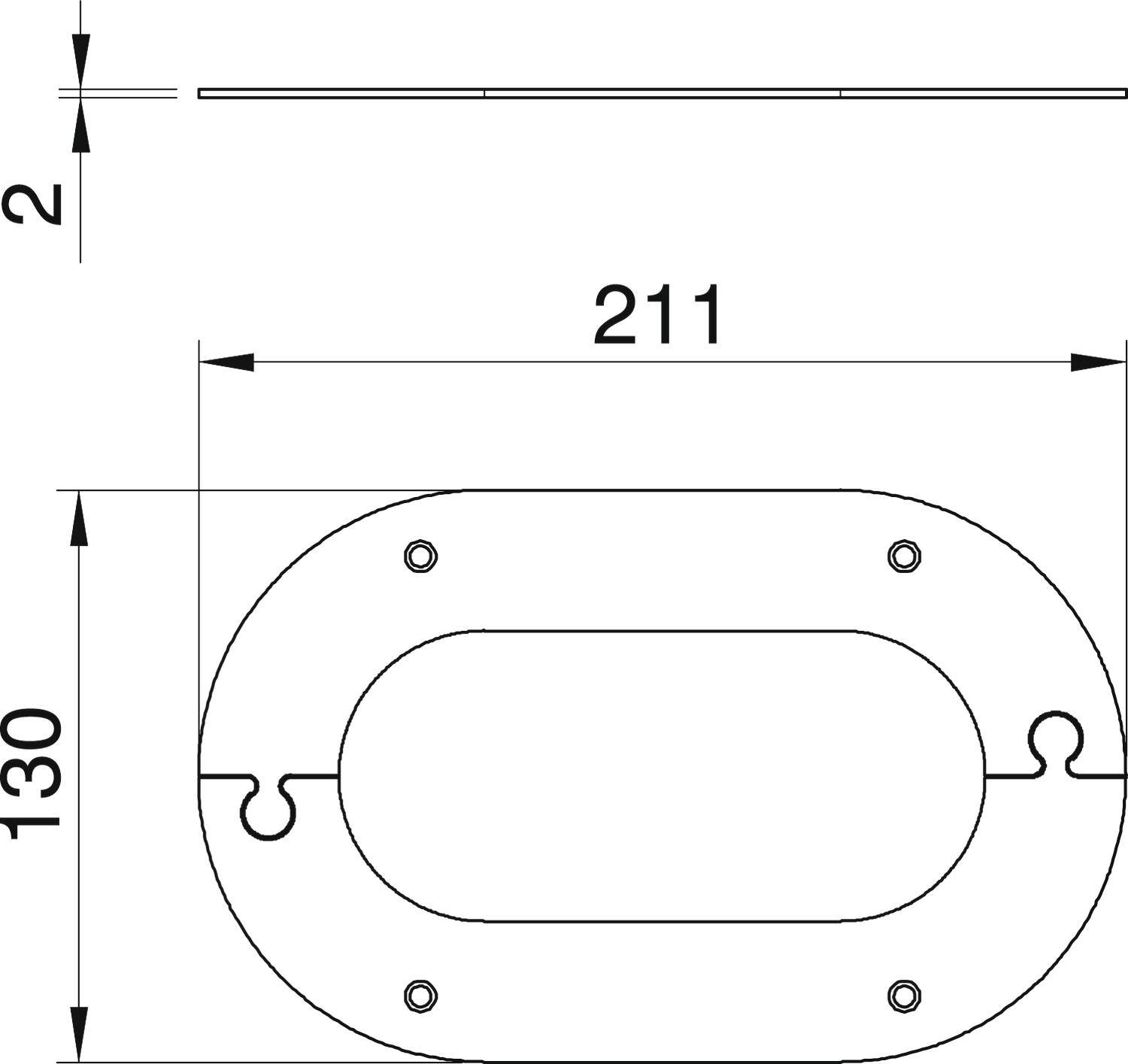 Technische Zeichnung eines ovalen Flansches mit Maßen 211 mm Breite und 130 mm Höhe. Zeigt obere Ansicht und Seitenansicht.
