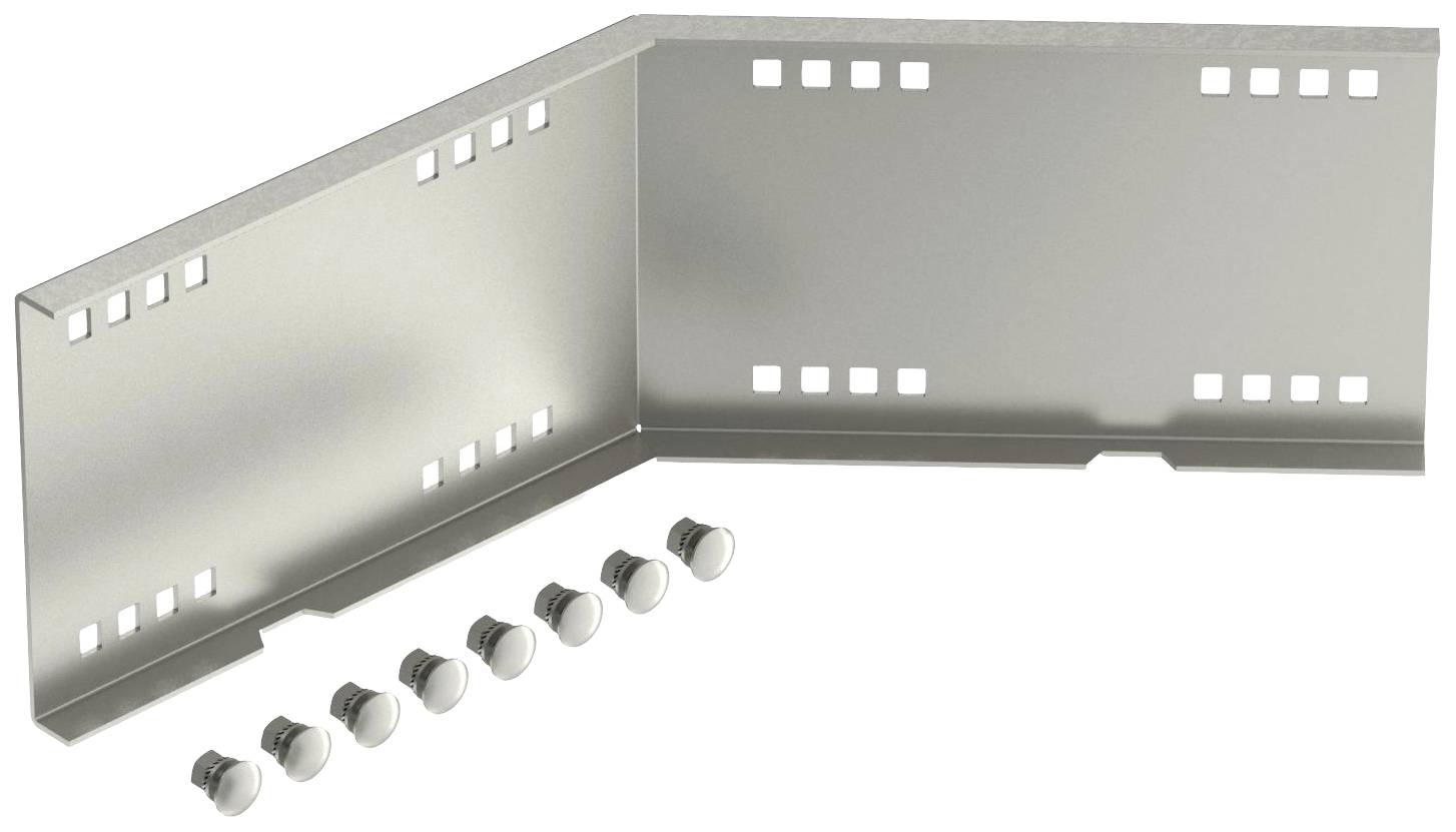 Metallwinkel mit mehreren Befestigungslöchern, begleitet von sechs Schrauben, möglicherweise für die Montage oder Unterstützung eines Gerätes.