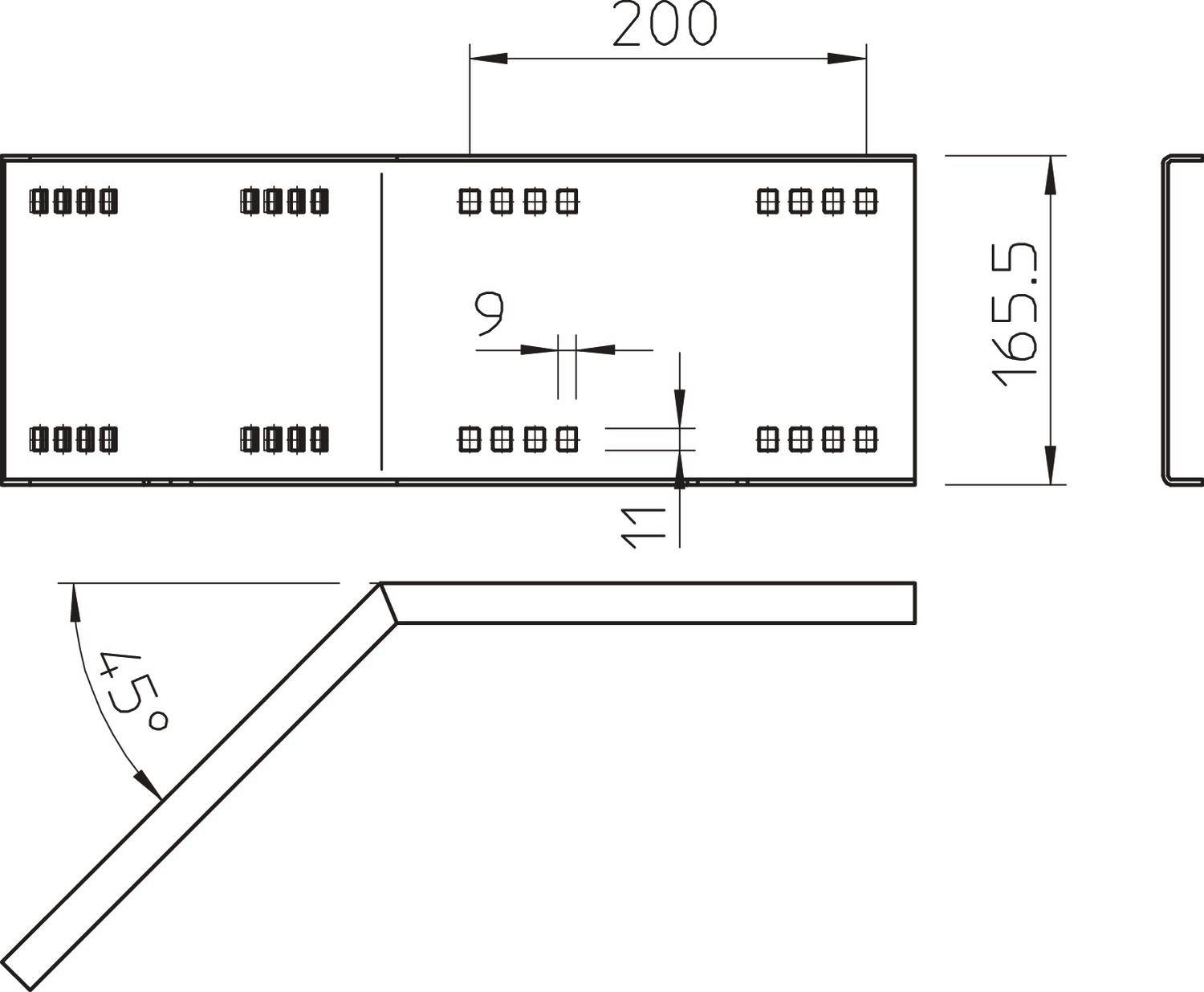 Technische Zeichnung eines Metallwinkels mit Abmessungen: Länge 200 mm, Höhe 165,5 mm, Lochabstand 9 mm, Winkel 45 Grad.