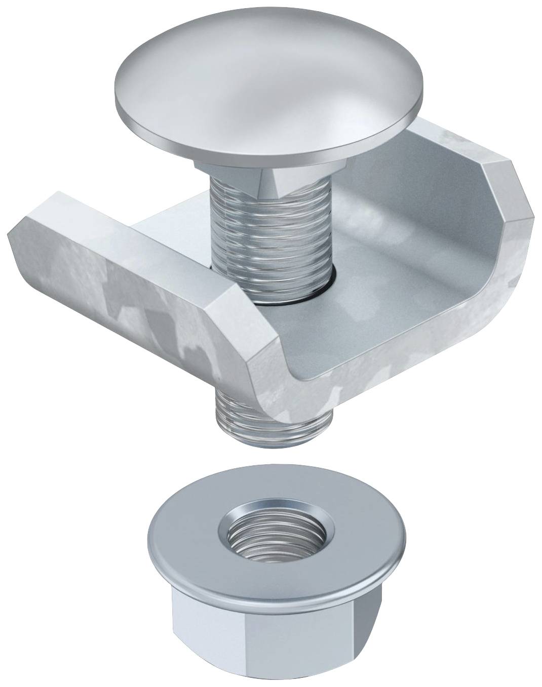 Metallklemmsystem, bestehend aus einer Schraube, einer Klemme und einer Mutter. Designed für sichere Verbindungen.