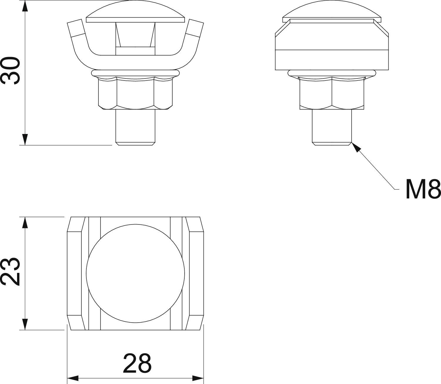 Technische Zeichnung eines Bolzens mit M8-Gewinde. Dimensionen: 30 mm Höhe, 28 mm Breite, 23 mm Tiefe. Verschiedene Ansichten zeigen Details.