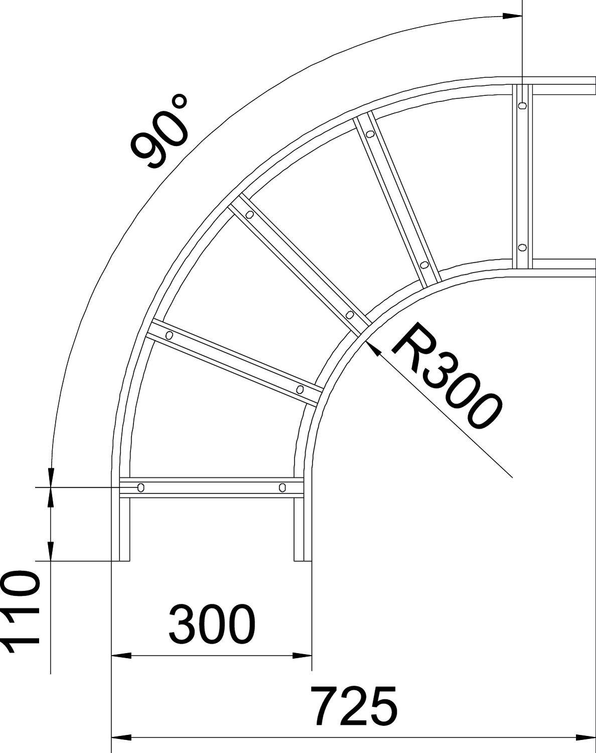 Technische Zeichnung eines 90-Grad-Bogens mit einem Radius von 300 mm. Die Gesamthöhe beträgt 110 mm und die gerade Länge 300 mm.