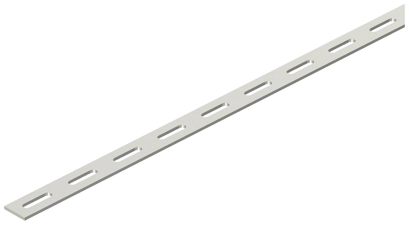 Ein Metallwinkel mit gleichmäßig verteilten Langlöchern. Geeignet für Konstruktionen oder Regalsysteme.