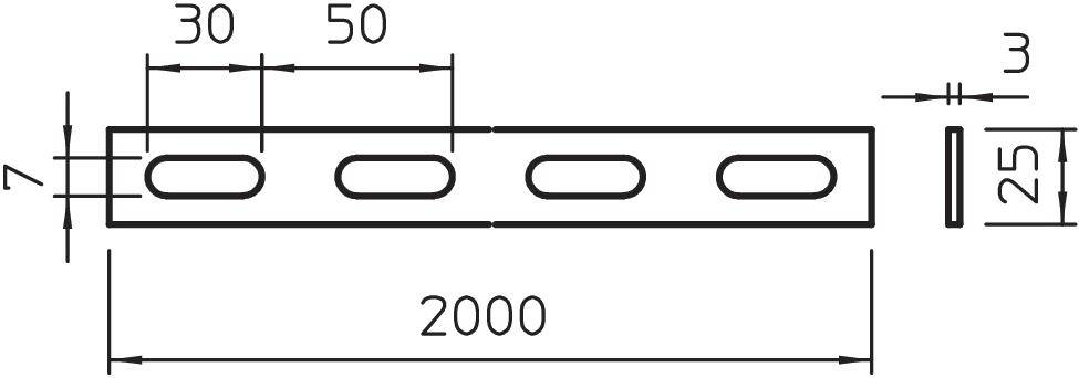 Technische Zeichnung eines Metallstreifens mit fünf ovalen Löchern. Maße: 2000 mm Länge, 25 mm Breite, 7 mm Stärke, Lochabstand 30-50 mm.