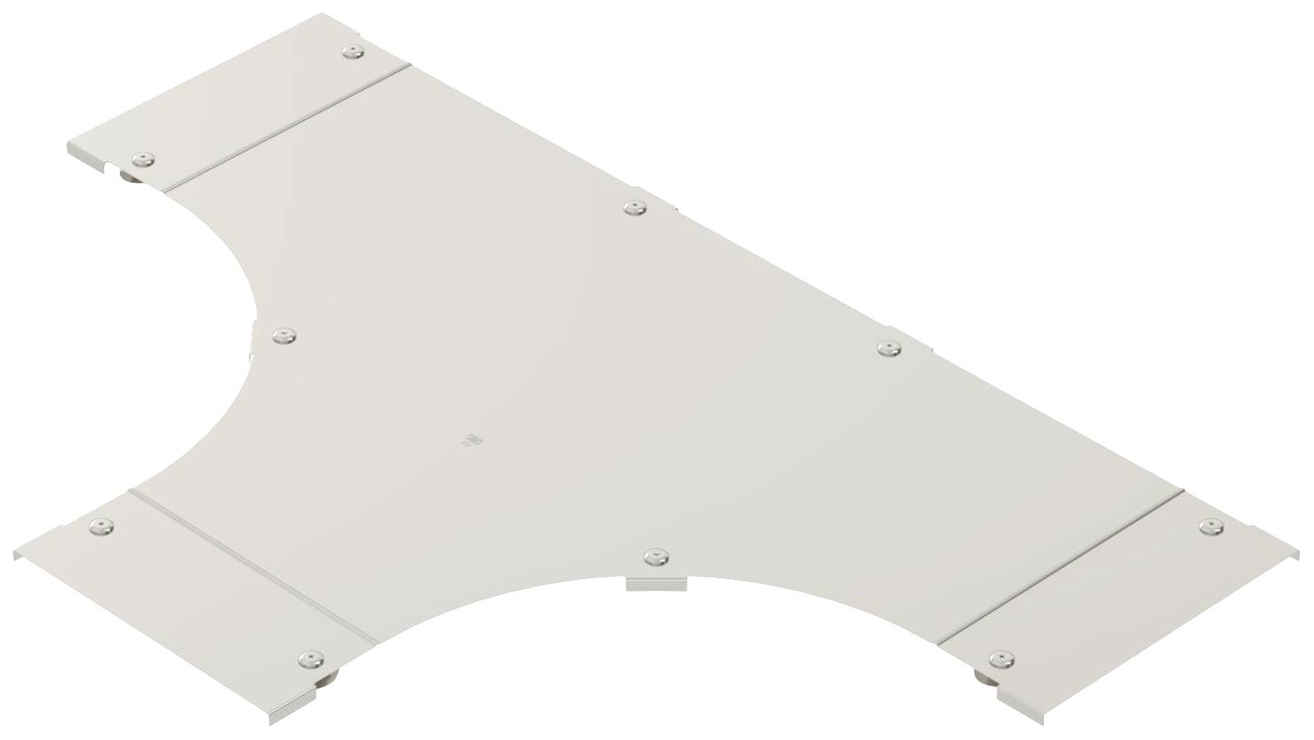 Metall-Verbindungsstück mit drei flachen, abgerundeten Armen; dient zur Verbindung von Kabelkanälen in einem T-förmigen Layout.