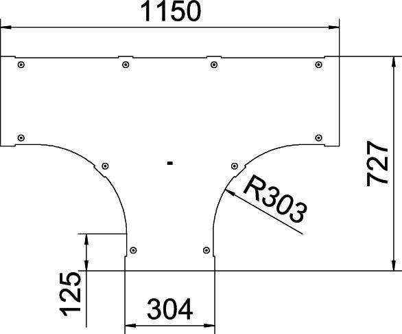 Technische Zeichnung eines T-förmigen Blechs mit Abmessungen: Breite 1150 mm, Höhe 727 mm, Radius 303 mm, detailierte Maßangaben.