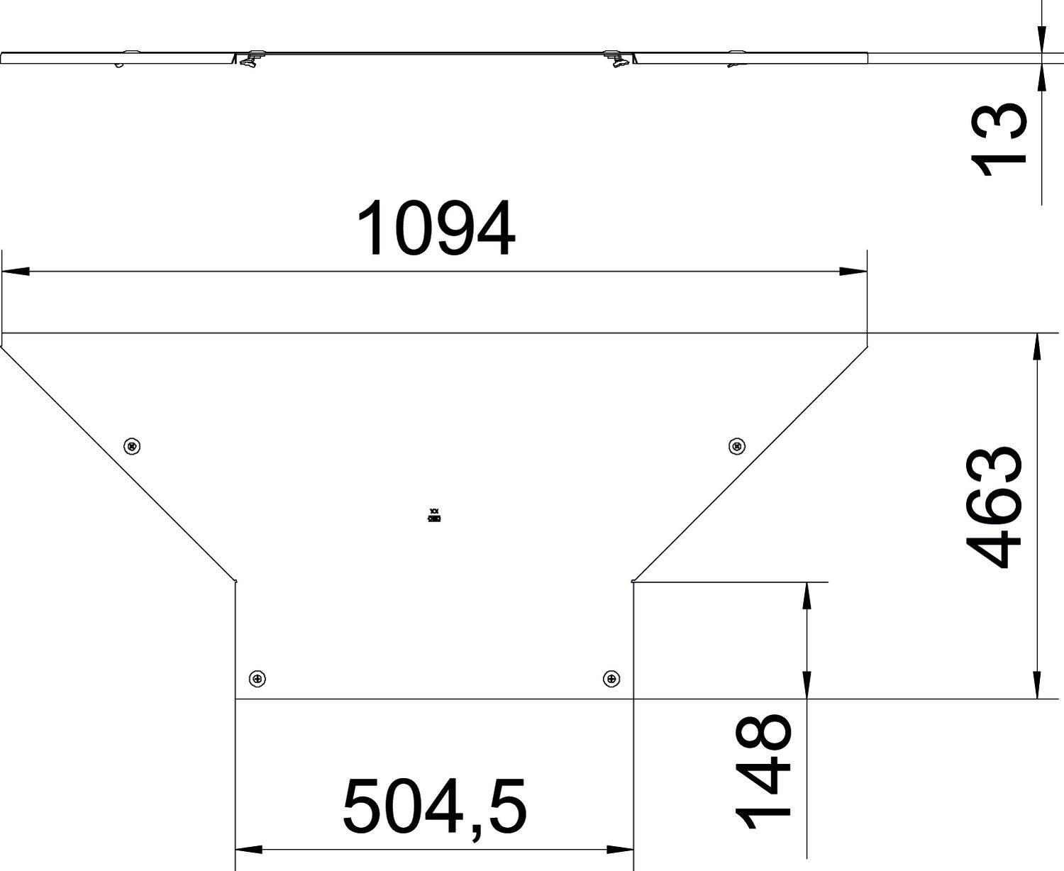Technische Zeichnung einer trapezförmigen Platte mit den Maßen: Breite 1094 mm, Höhe 463 mm, Mittelteilstück 504,5 mm, obere Lasche 13 mm, untere Lasche 148 mm.