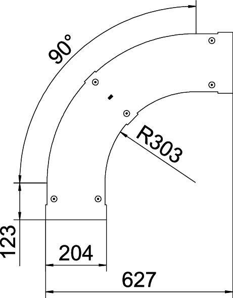 Diagramm eines Rohrkrümmers zeigt einen 90°-Winkel mit einem Radius von 303 mm. Gesamtlänge beträgt 627 mm, Höhe 123 mm, Breite 204 mm.