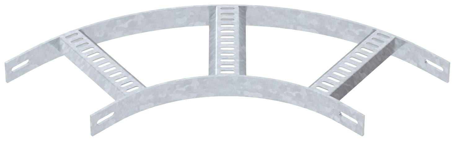 Metallisches Kabelrinnen-Bogenstück mit gebogener Form und drei Querverbindungen, verwendet zur Führung von Kabeln in verschiedene Richtungen.