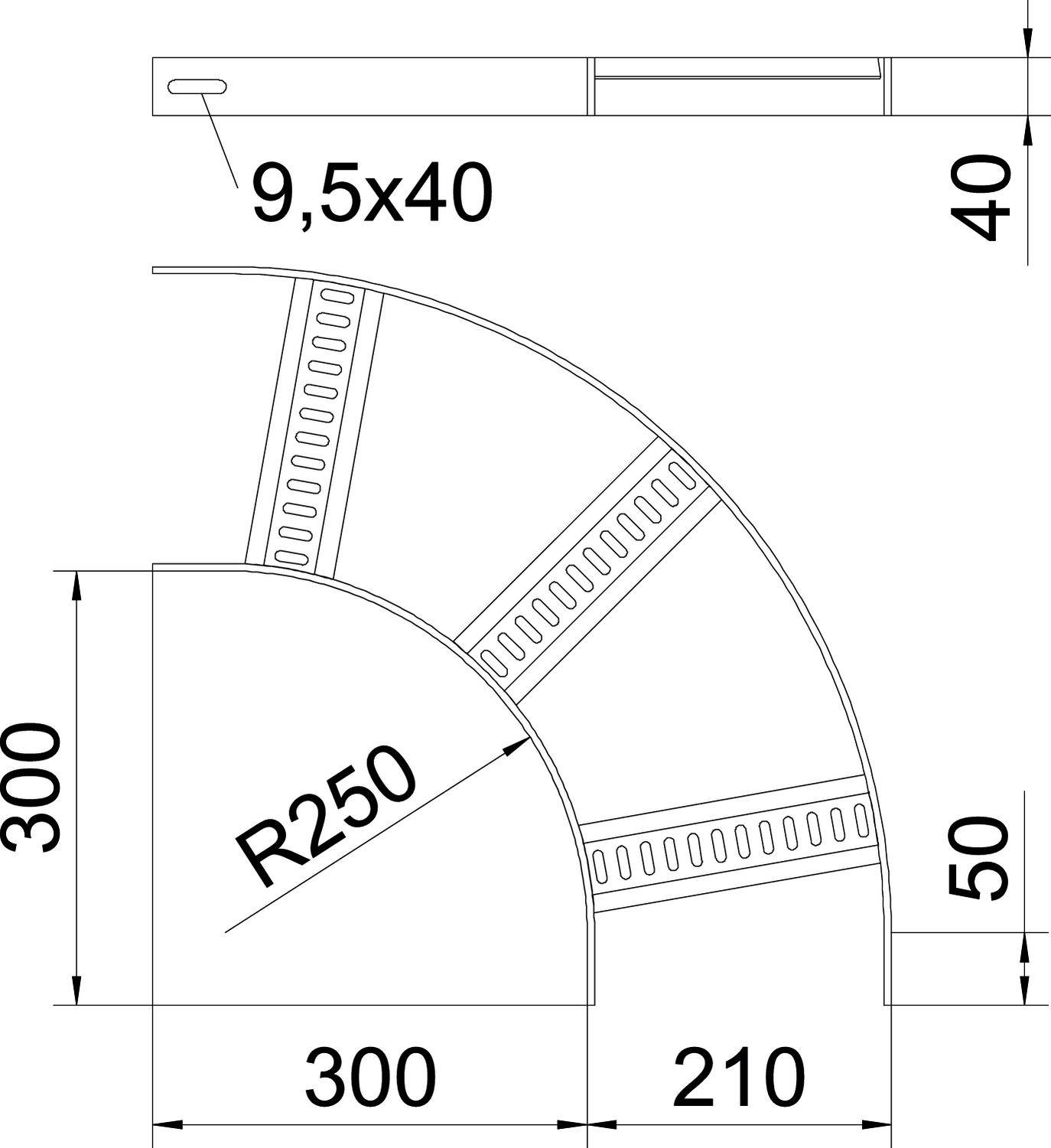Technische Zeichnung eines rechtwinkligen Kabeltrassenbogens mit Radienmaßen: R250, Gesamthöhe 300 mm, Breite 50 mm, 9,5x40 mm Schraubereiche.