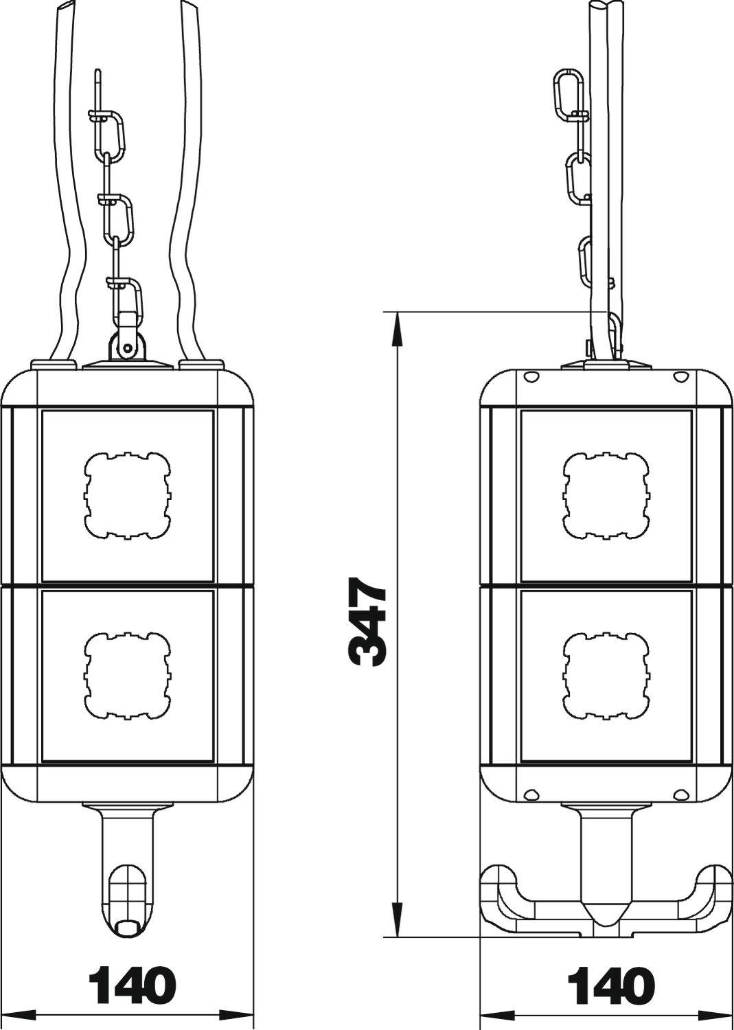 Diagramm einer Boxsack-Halterung mit den Maßen: Breite 140 mm, Höhe 347 mm. Zeigt Ketten und Haken zur Befestigung.