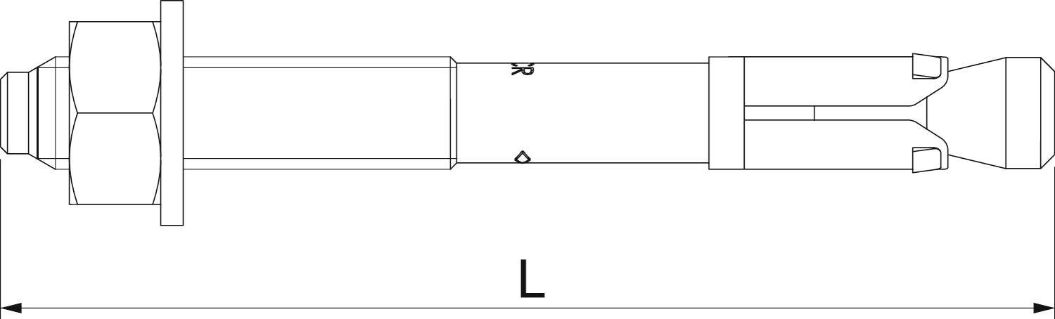 Zeichnung eines Spreizdübels mit Bezeichnungen. Links die Mutter, rechts der expandierende Teil. Länge 'L' dargestellt.