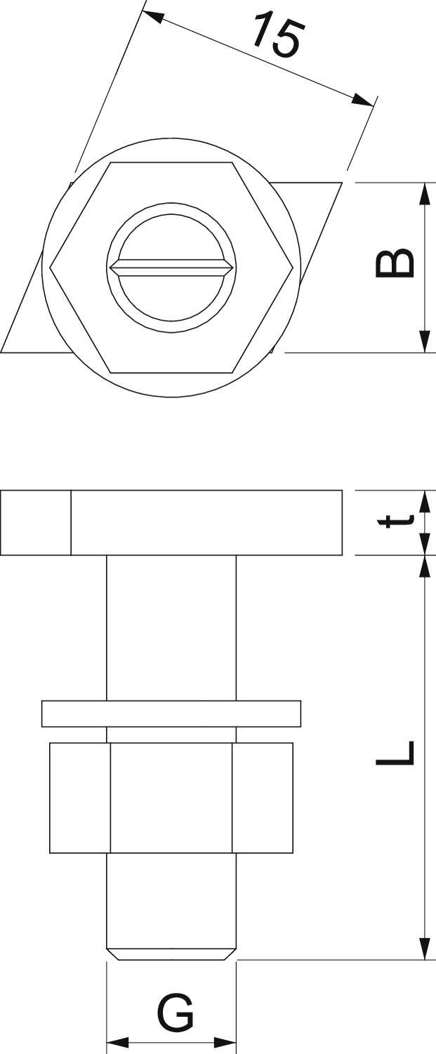Technische Zeichnung einer Schraube mit Maßen: Länge (L), Gewindegröße (G), Kopfbreite (B), und Kopfdicke (t).