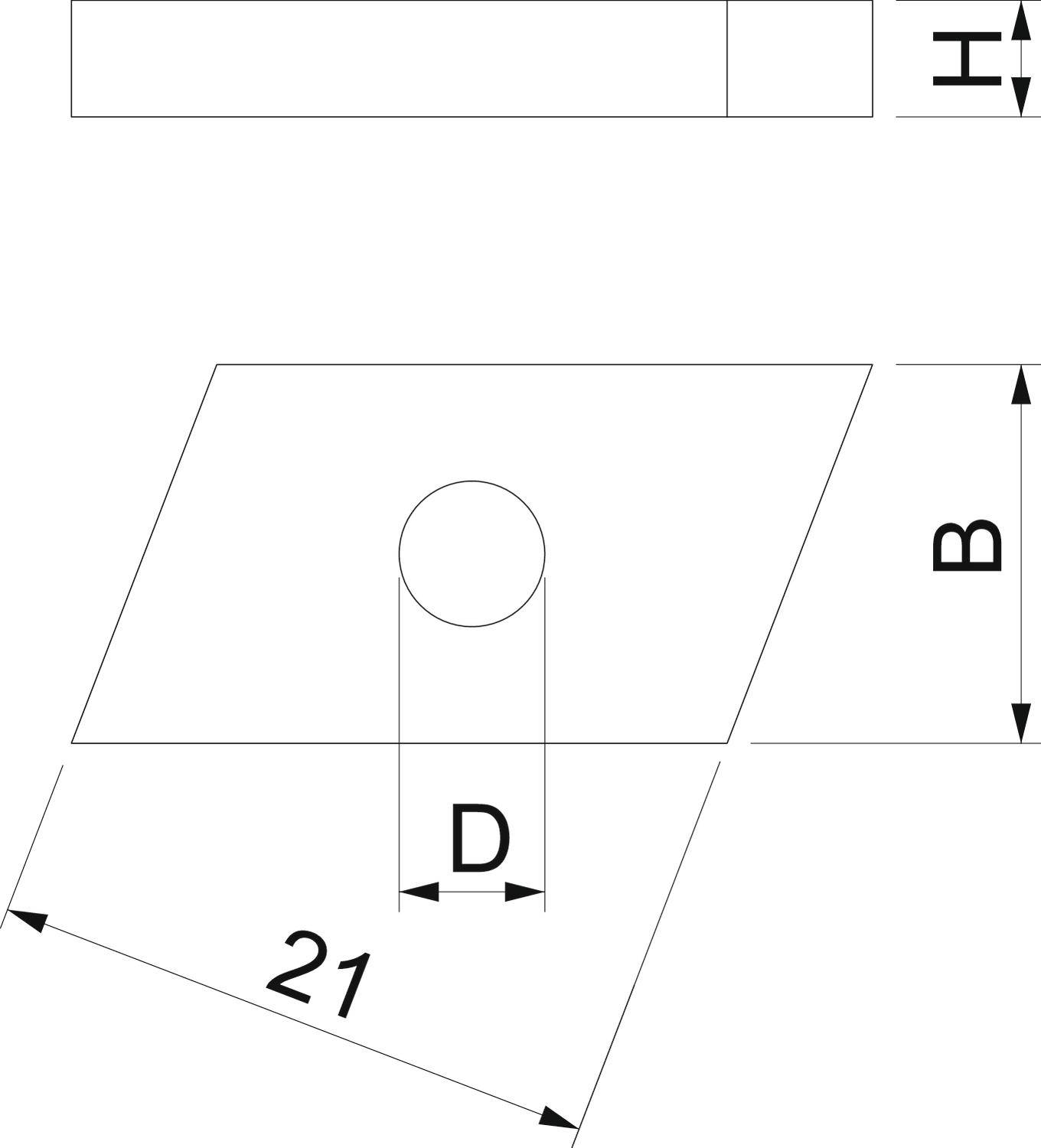 Zeichnung eines rechtwinkligen Dreiecks mit den Bezeichnungen 'B', 'H', 'D' und einer Länge von '21'.