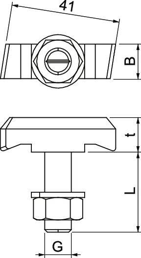 Technische Zeichnung einer Sechskantschraube mit Maßen 41 mm, B, L, t, G. Seiten- und Vorderansicht mit Beschriftung.