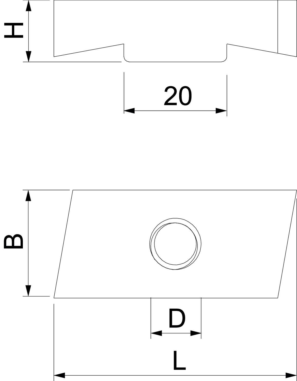 Technische Zeichnung eines Werkstücks mit Maßen: Breite (B), Höhe (H), Länge (L), Durchmesser (D) eines Kreises; Länge 20 mm.