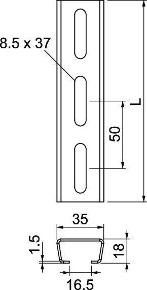 Querschnittzeichnung eines Metallprofils mit Maßangaben: 8,5 x 37, Breite 35 mm, Höhe 18 mm, Schlitze 50 mm Abstand, Wandstärke 1,5 mm.