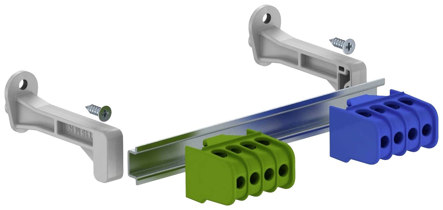 Eine Montageanleitung für ein Kabelhalterungsset mit zwei Seitenhalterungen, einer Metallschiene und grünen und blauen Kabelklemmen.
