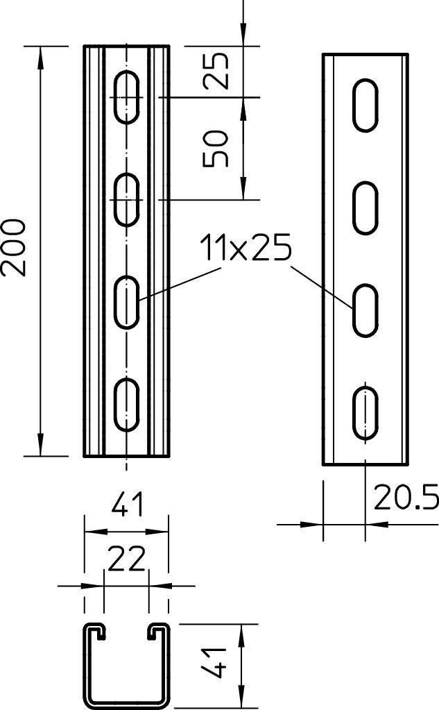 Technische Zeichnung eines Metallprofils mit Maßen: Höhe 200 mm, Breite 41 mm. Löcher: 11x25 mm und Abstände: 25 mm, 50 mm. Seiten- und Frontansicht.