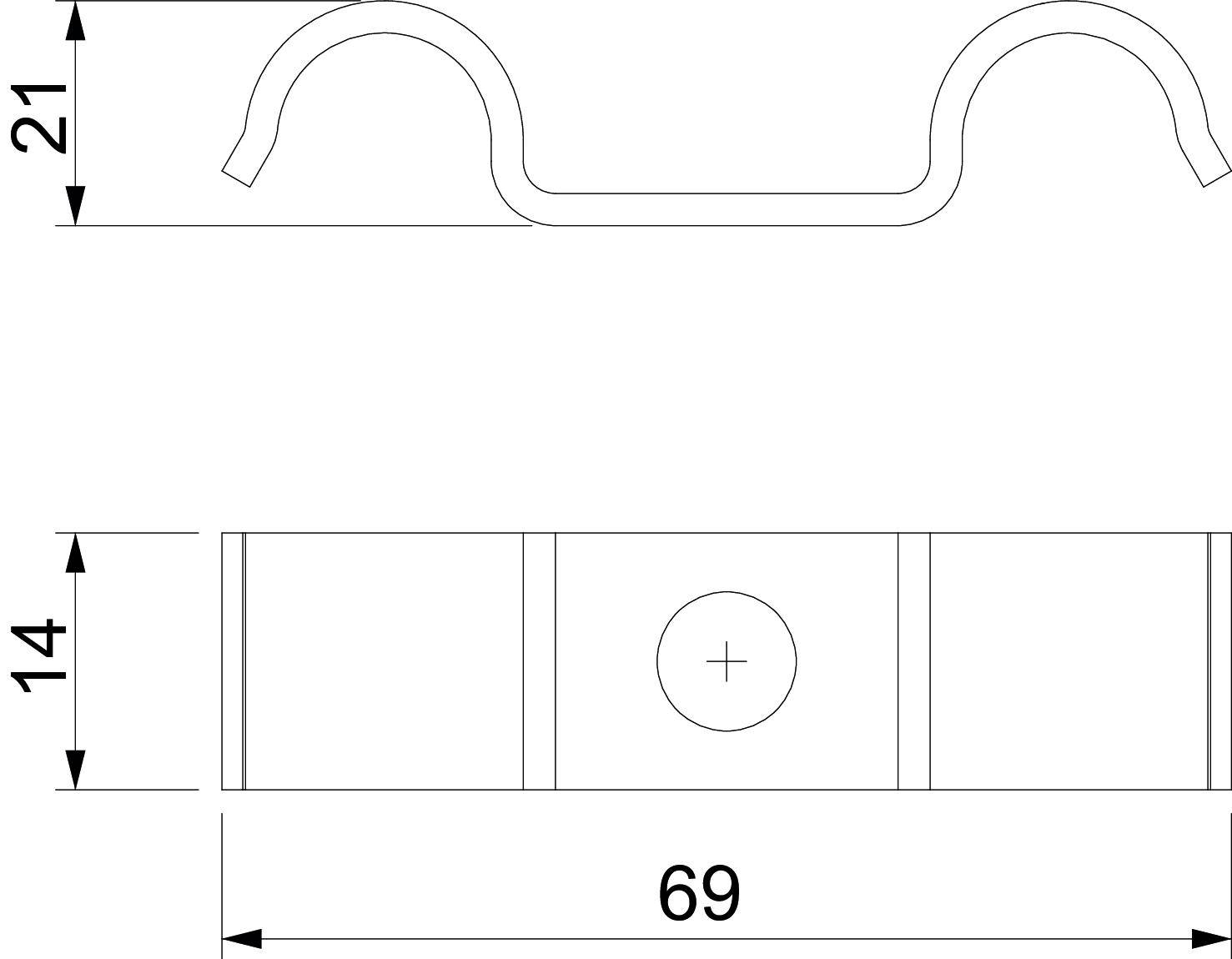 Zeichnung eines metallischen Clips mit Maßen 69 mm x 14 mm x 21 mm; Ansicht von oben und von der Seite gezeigt.